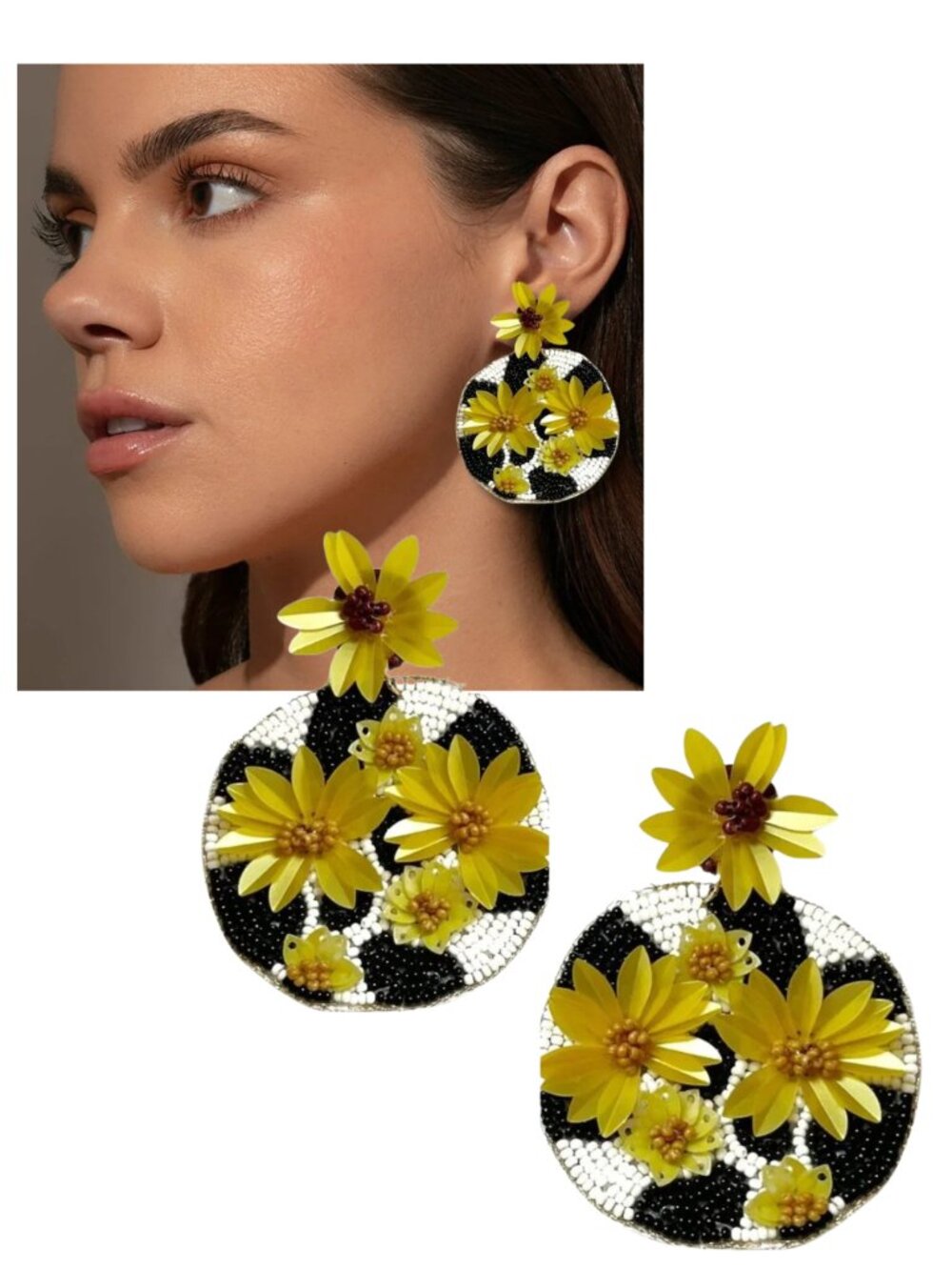 Cow Print Cowgirl Sunflower Fields Round Seed Beaded Earrings NEW - Picture 1 of 4